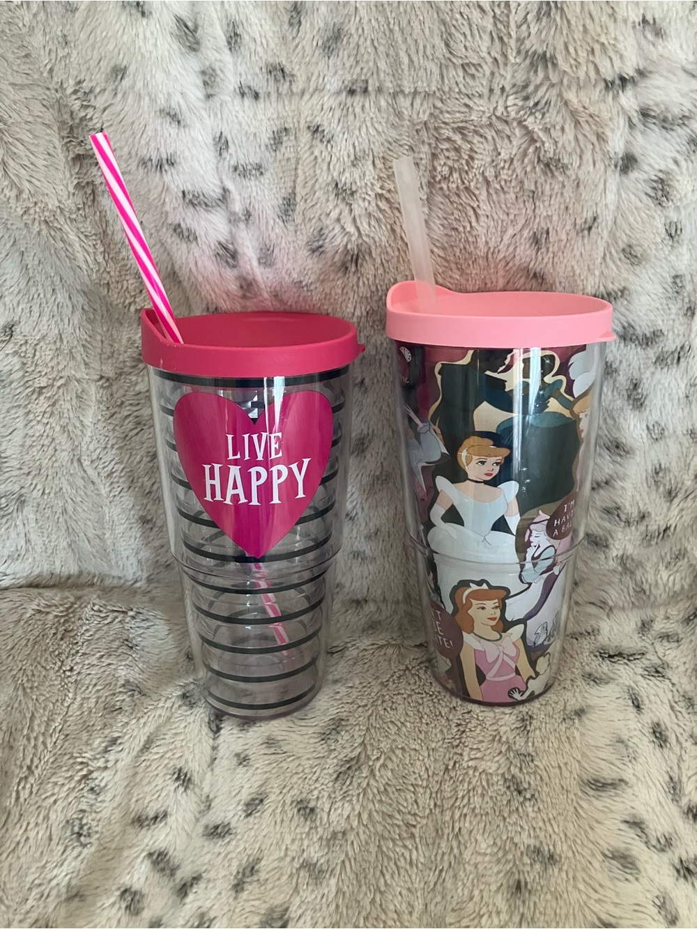 Tervis 64oz tumblers , be happy , Cinderella . Lids / straws . Plastic tumblers
